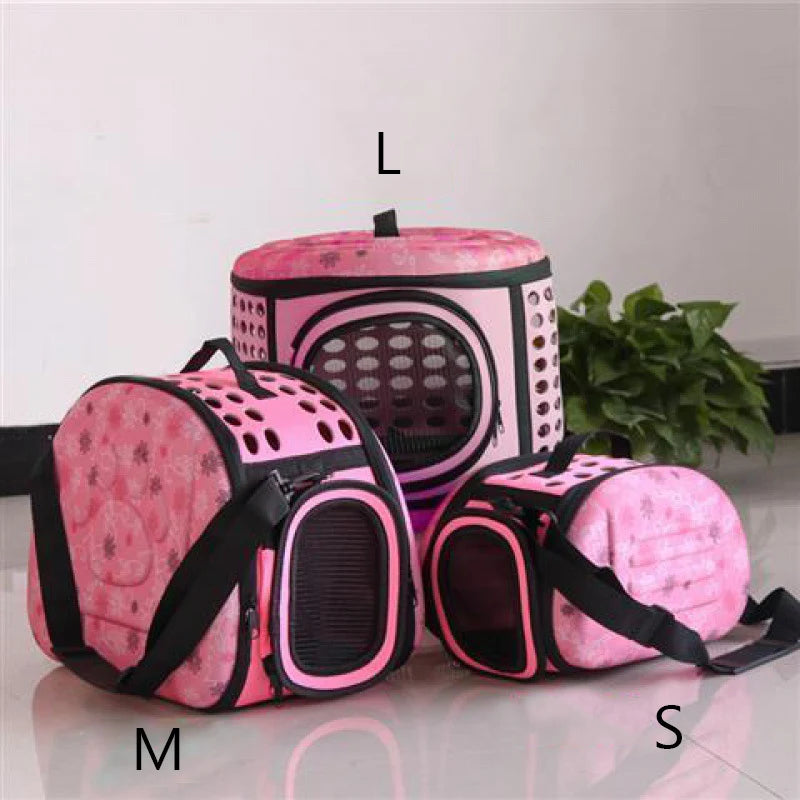 Pink breathable pet carrier backpack shown in various sizes L, M, and S.