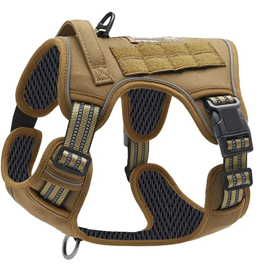 A tan tactical dog harness with black and gold webbing and padded sections.