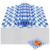 Rolls of blue and white checkered oil-proof sandwich wrapping paper stacked on a white surface.