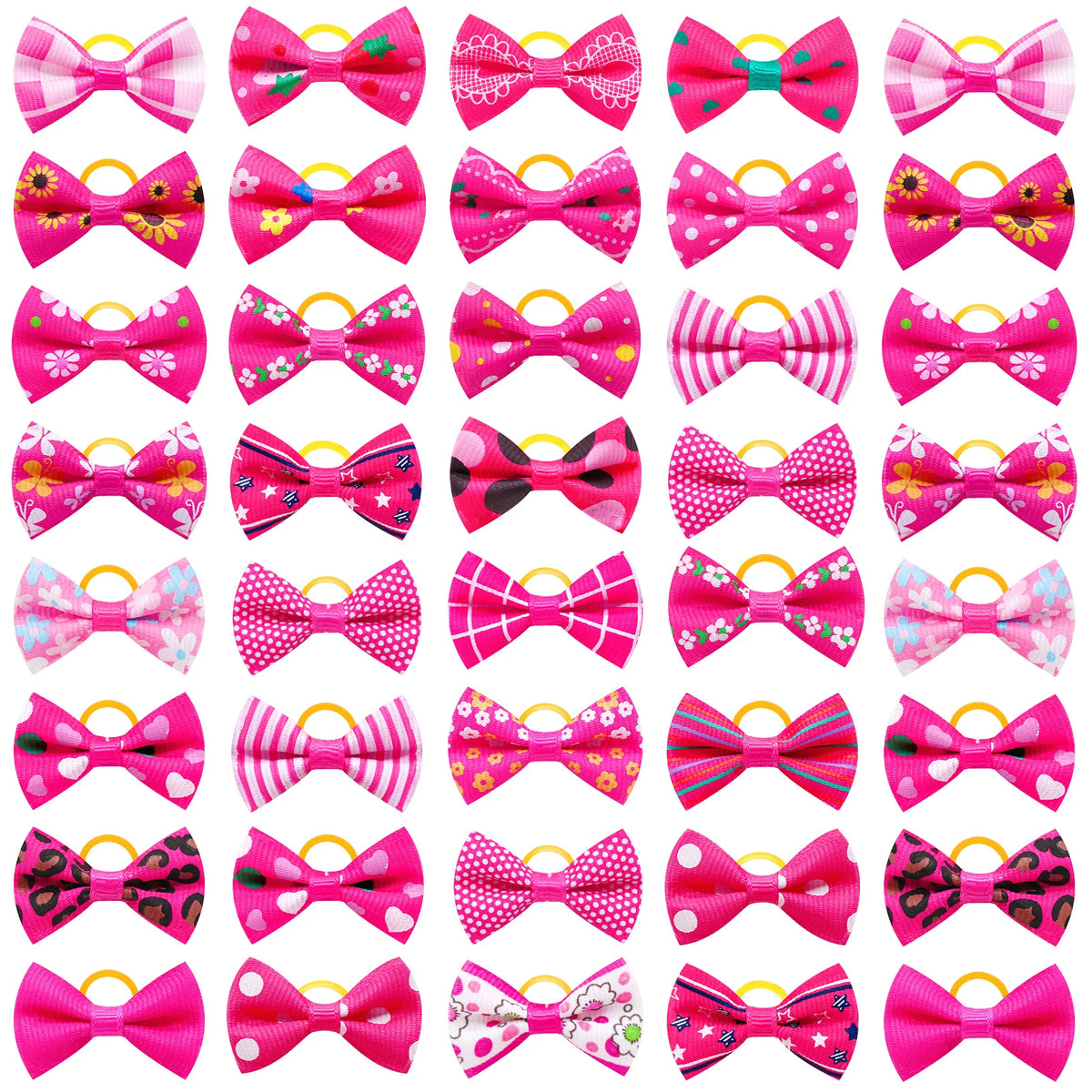 A collection of adorable pet hair bows in various colors and patterns with gentle rubber bands.