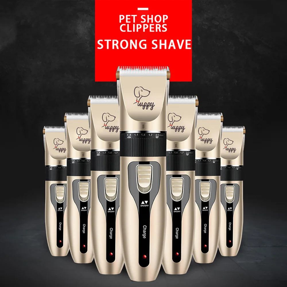 A set of ten professional pet hair clippers in gold and black packaging for strong shave grooming.