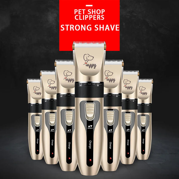 A set of ten professional pet hair clippers in gold and black packaging for strong shave grooming.