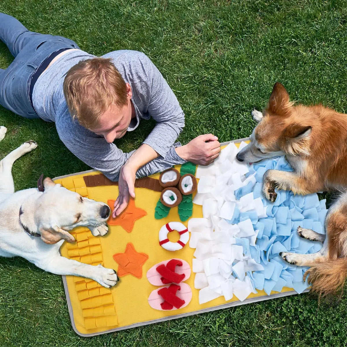 A dog and a person are interacting with a yellow mat filled with various tissue paper shapes for pet sniffing and training.