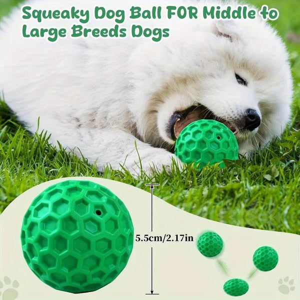 A bright green squeaky dog ball is shown next to a fluffy white dog, demonstrating its size and use.