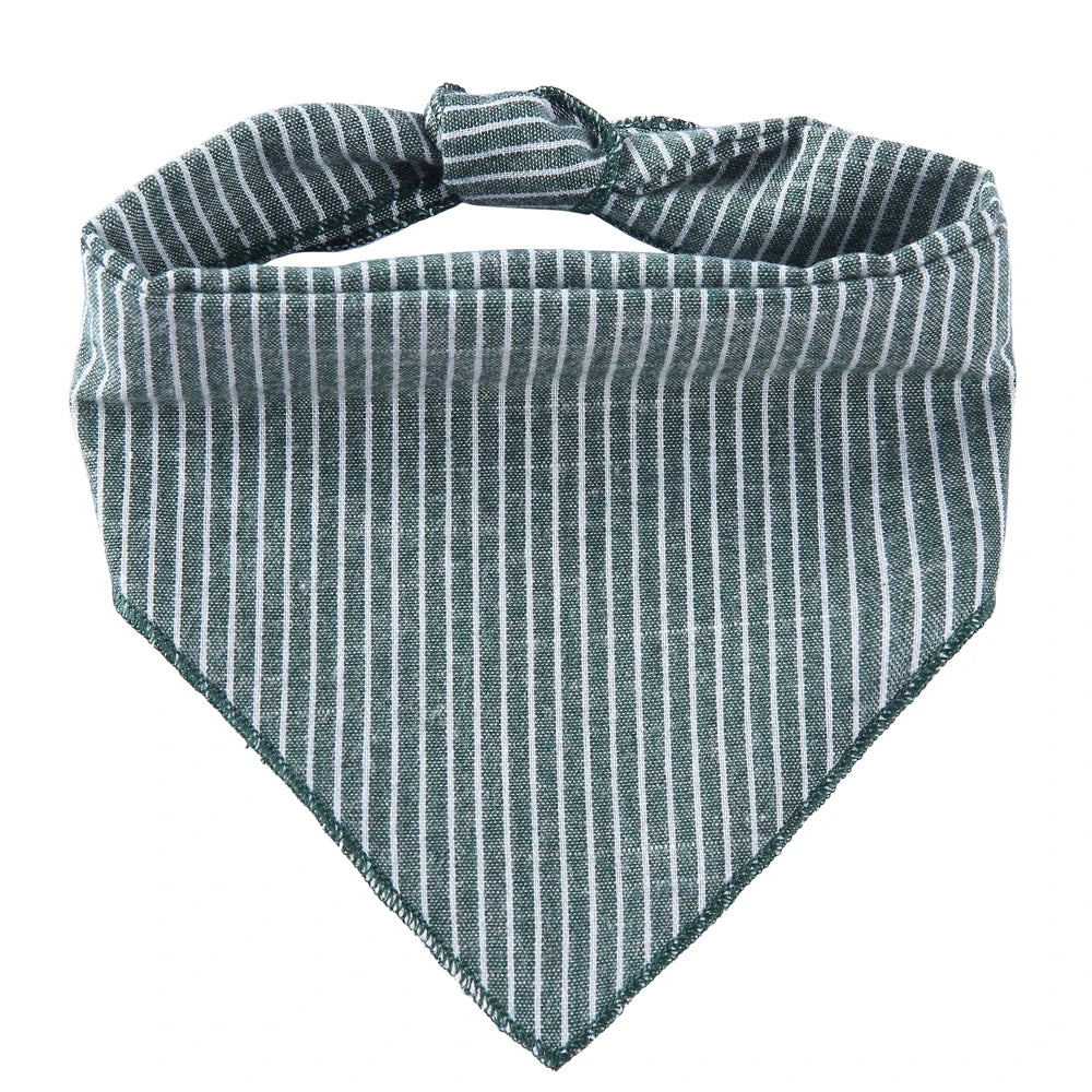 Blue and white striped cotton dog bandana with an adjustable fit