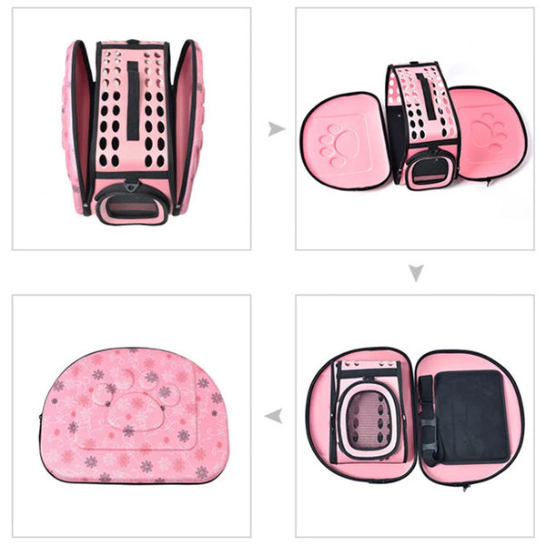 Pink breathable pet carrier backpack for cats and small dogs shown in various views