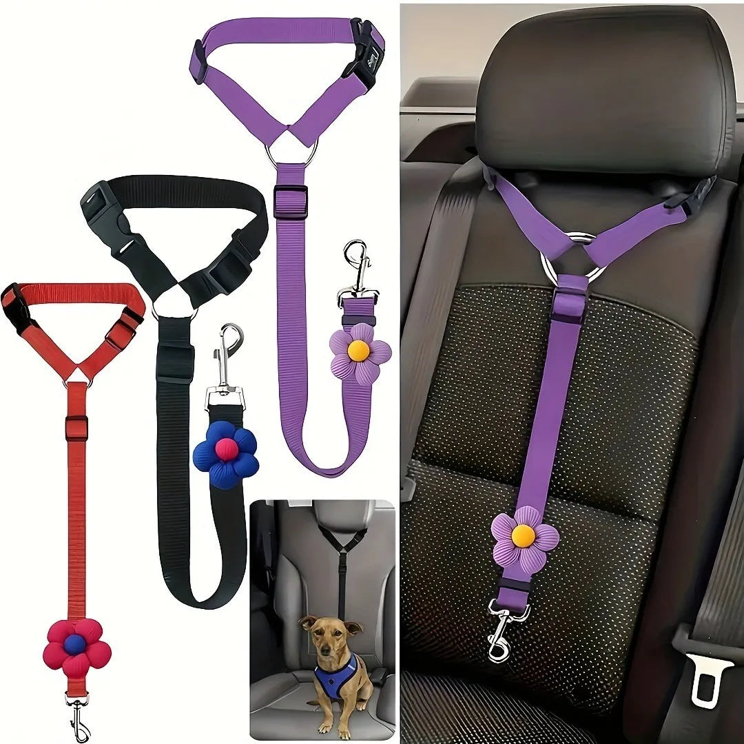 Purple and black adjustable dog car seat belt with safety buckle and flower charm