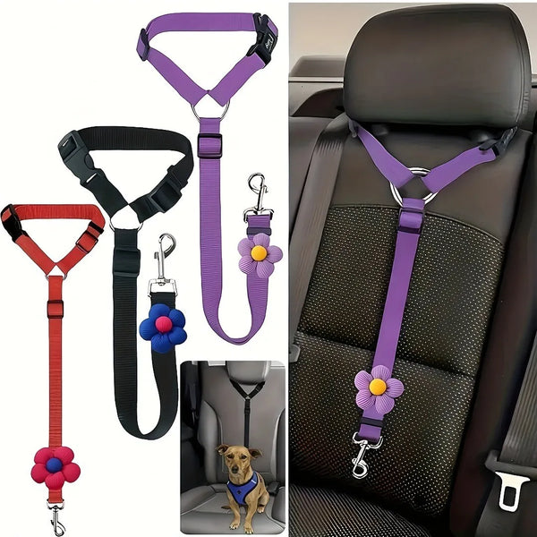 Purple and black adjustable dog car seat belt with safety buckle and flower charm