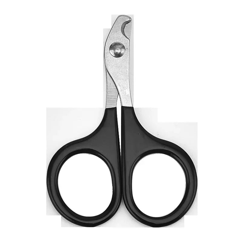 A pair of silver professional pet nail clippers and trimmers with black handles.