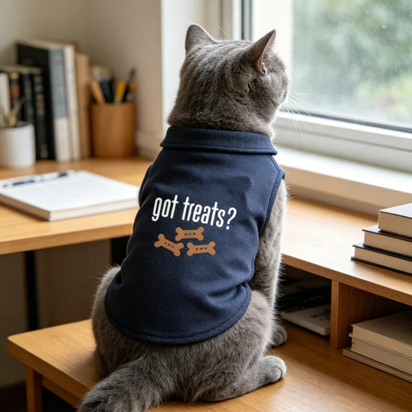 A gray cat wearing a navy blue pet polo vest with the text Got treats?