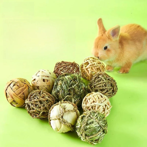 A small orange rabbit sits next to several natural grass chew balls for small pets on a light green background.