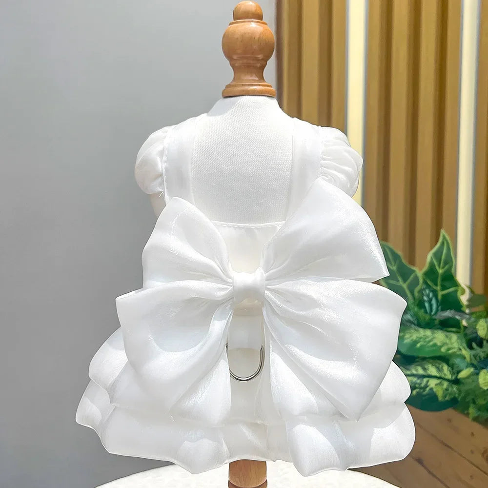 White satin pet dresses with D-rings displayed on a mannequin.