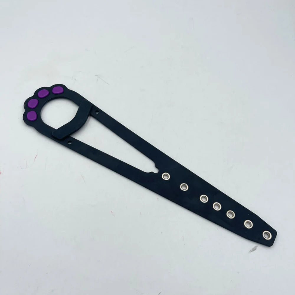 Black adjustable cat door latch with purple stabilizer and mounting hardware.