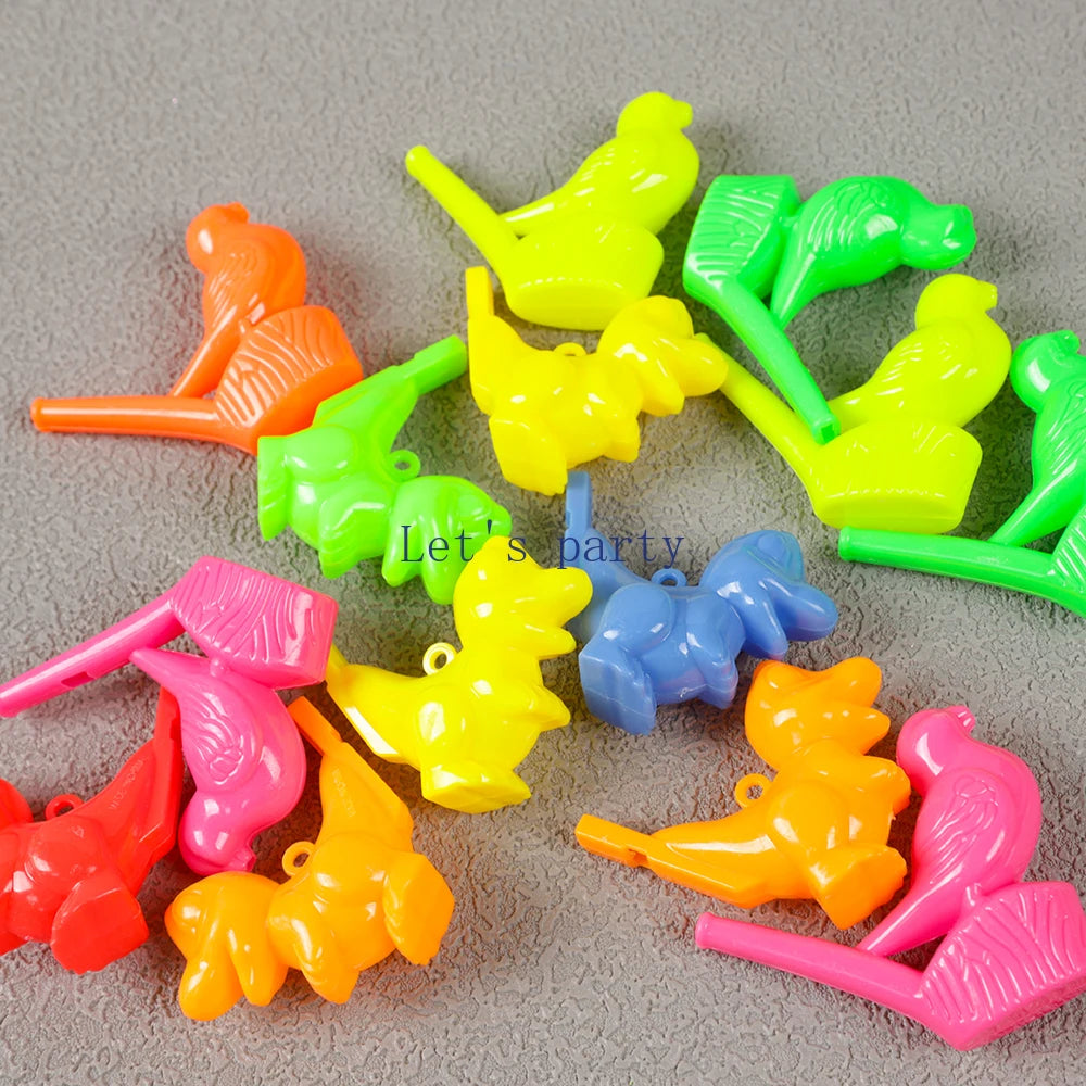 A collection of ten colorful bird and dinosaur water whistles in various bright colors like yellow, green, orange, and pink.