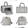 A collection of portable pet carrier bags in gray and beige, showing various designs and features.