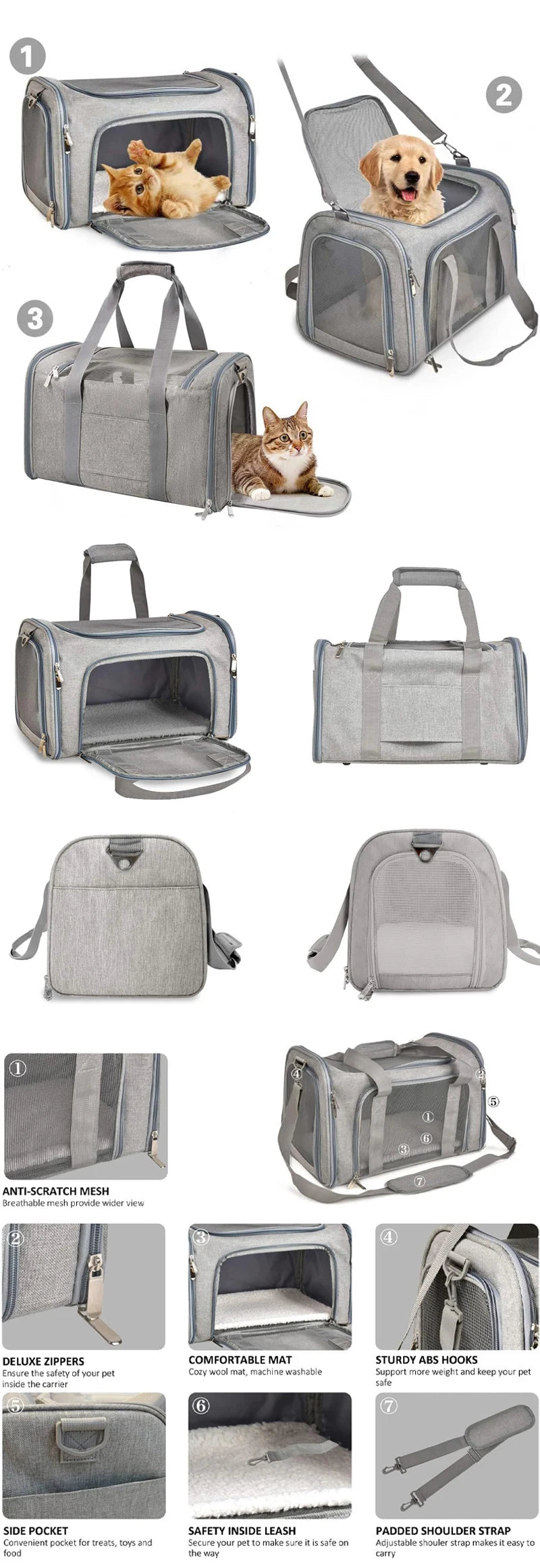 A collection of portable pet carrier bags in gray and beige, showing various designs and features.