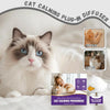 A fluffy cat is shown next to a plug-in diffuser for calming cat pheromone.