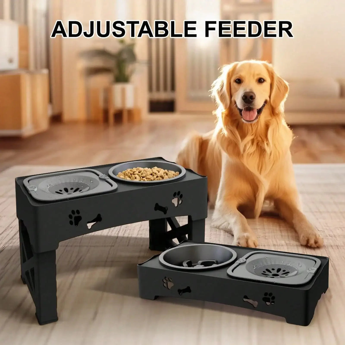 A brown dog is sitting next to an adjustable feeder, a black elevated bowl stand for dogs.