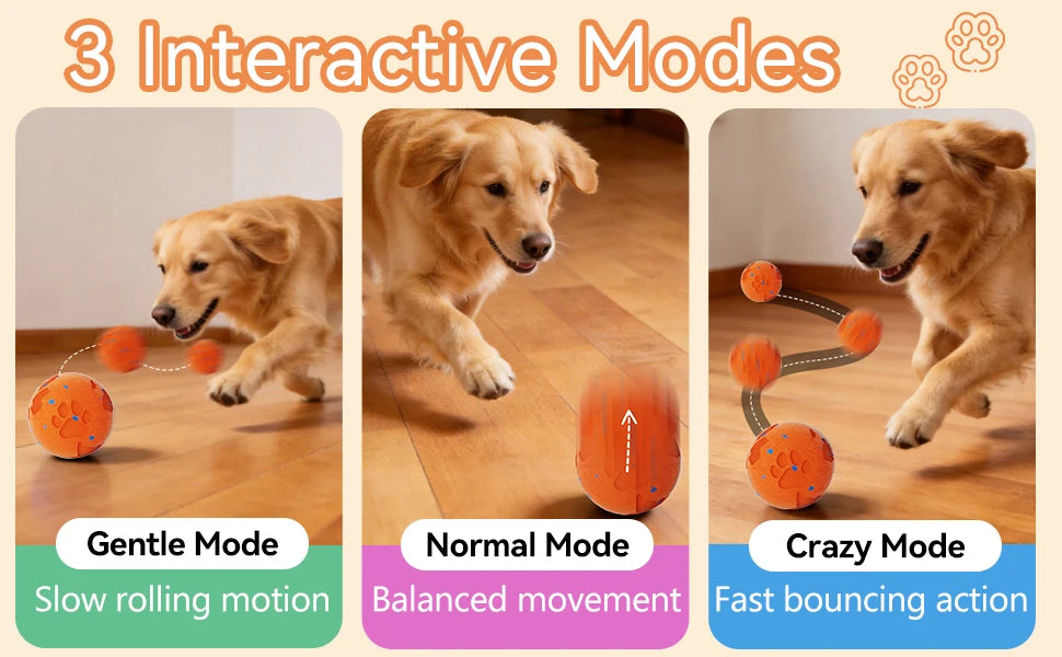 Three modes of interaction for an interactive motion-activated smart pet ball showing gentle, normal, and crazy movement.