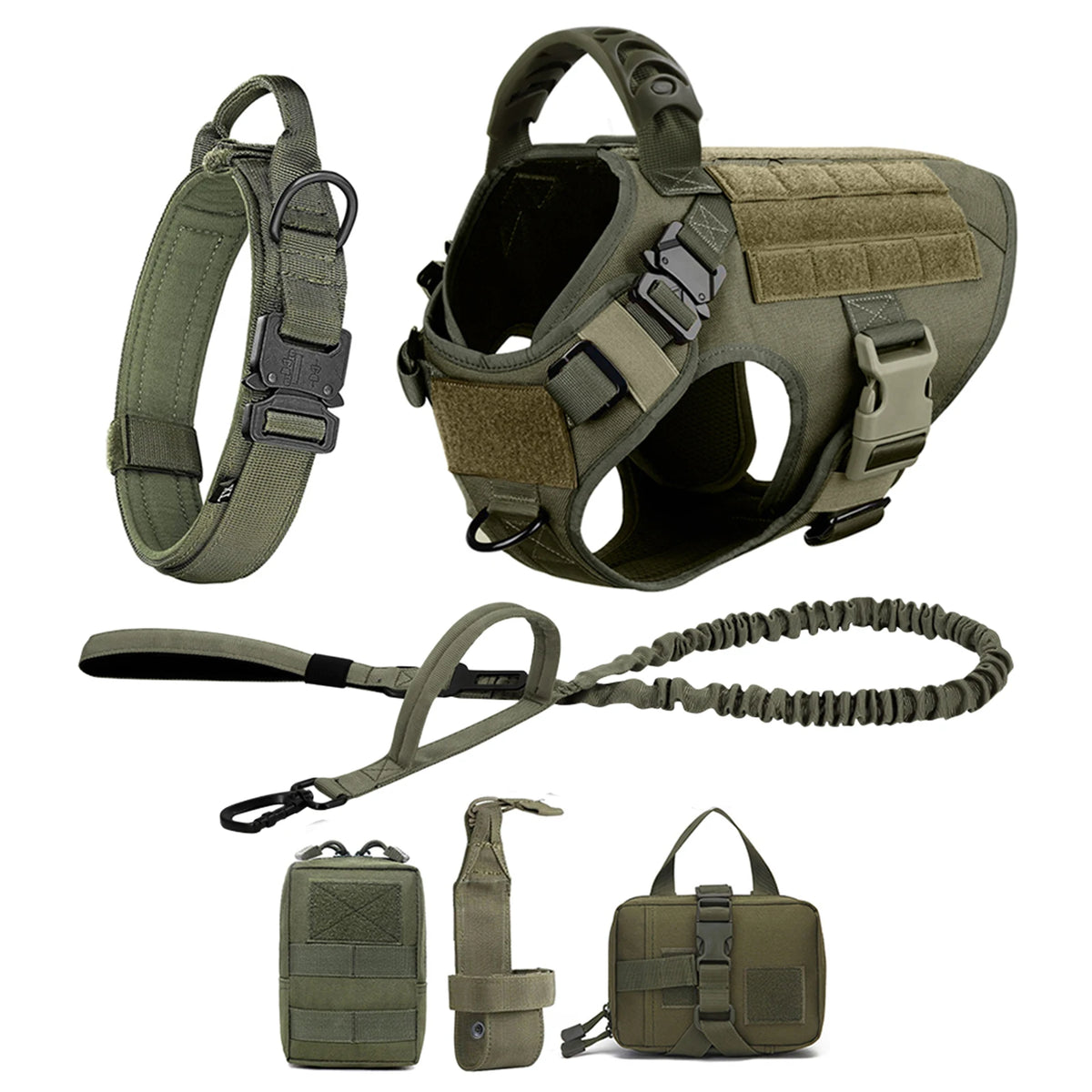 A set of olive green dog harness, leash, and pouch for training and walking.