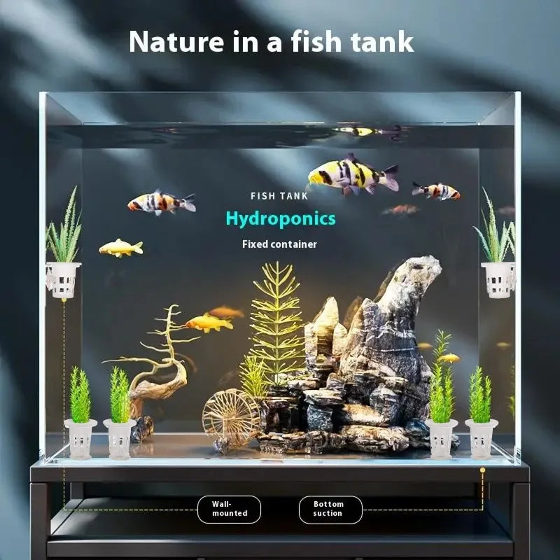 A display of a hydroponic fish tank setup featuring plants and fish in a clear container.