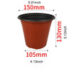A terracotta-colored plastic nursery pot with a black rim, measuring 150mm in diameter and 130mm high.
