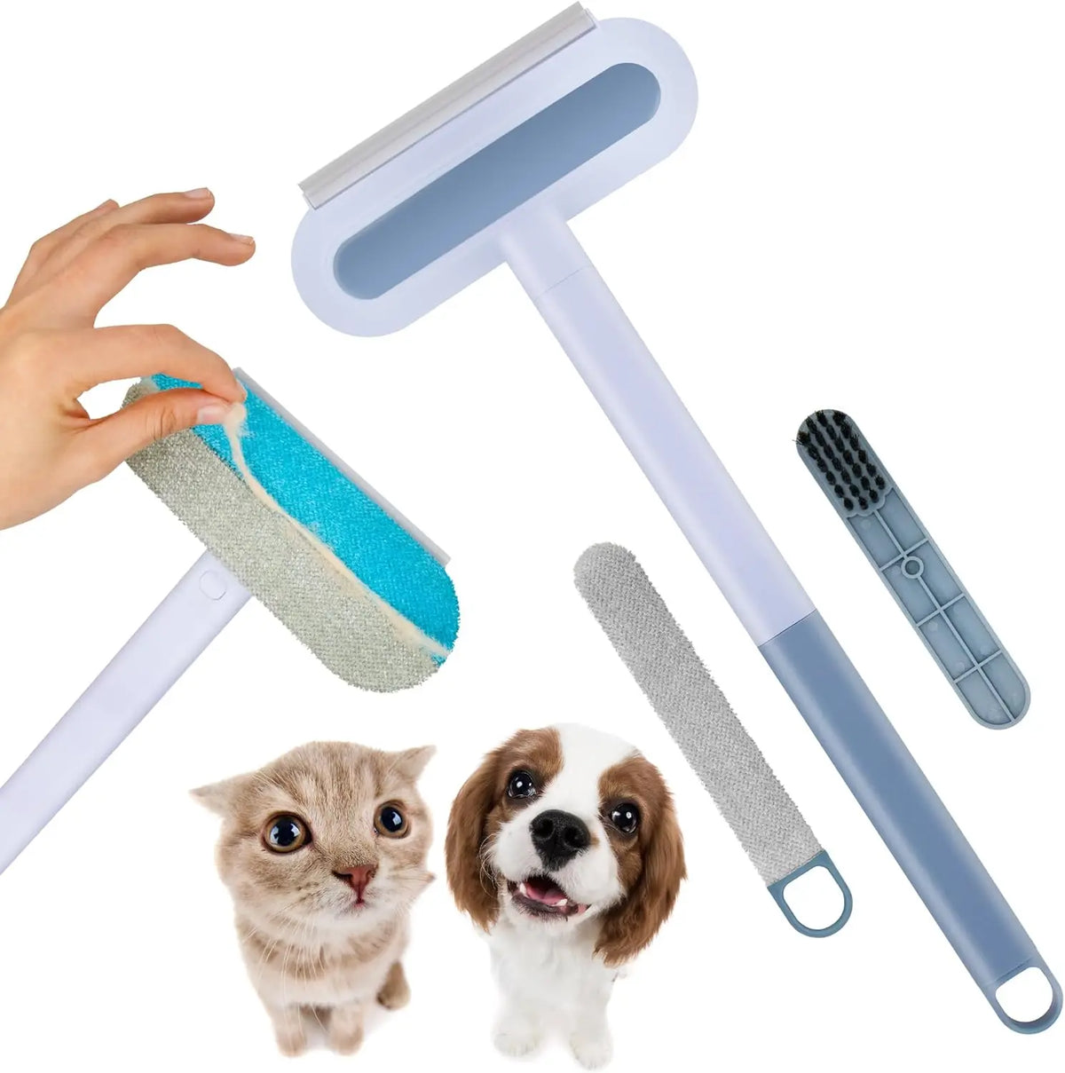 A hand holds a light blue pet hair remover brush and a green brush, with two dogs nearby.