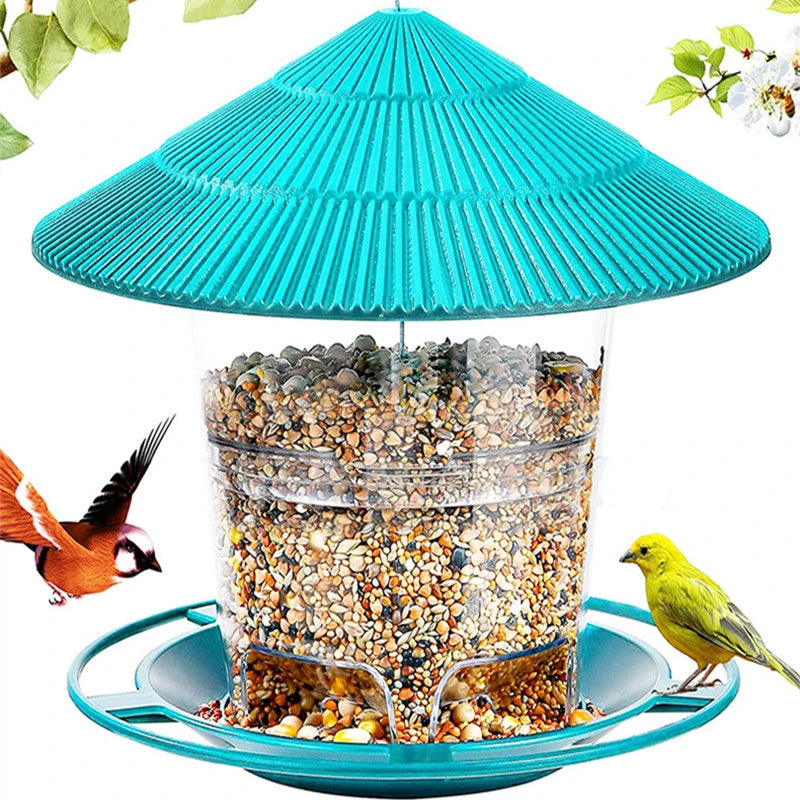 Türkis-wasserdichtes Vogelfutterspender mit gemischten Samen, zum Aufhängen als Gartendekor.