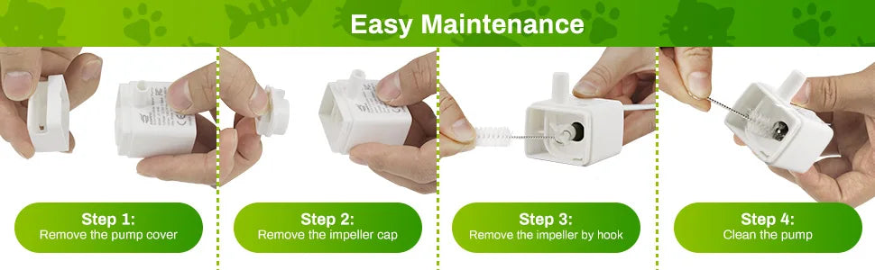 Four steps showing how to easily maintain an Ultra-Quiet Replacement Pump for a cat water fountain.