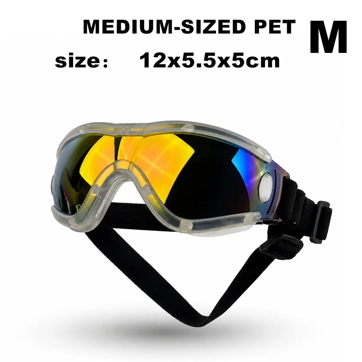 Ein Paar mittelgroße, klare Anti-UV-Hundenschutzbrillen mit gelb-blauen reflektierenden Linsen und einem schwarzen Riemen.