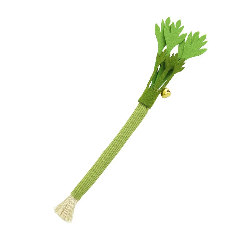 A green catnip molar stick toy with a fibrous end and a small gold charm.