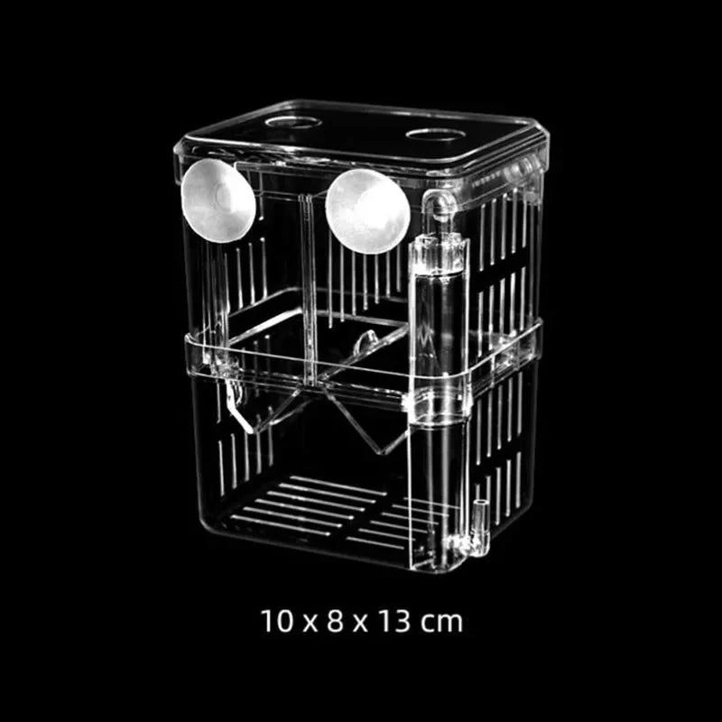 Clear acrylic fish breeding isolation box with multiple compartments and viewing holes.