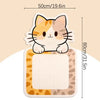 A wall-mounted cat scratcher featuring a cute orange and white striped cat design on a beige fabric.