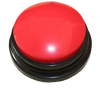 A round, bright red button with a black base for talking pet training.