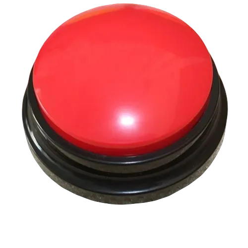 A round, bright red button with a black base for talking pet training.
