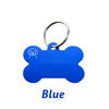 A bright blue bone-shaped dog ID tag with a silver keyring.
