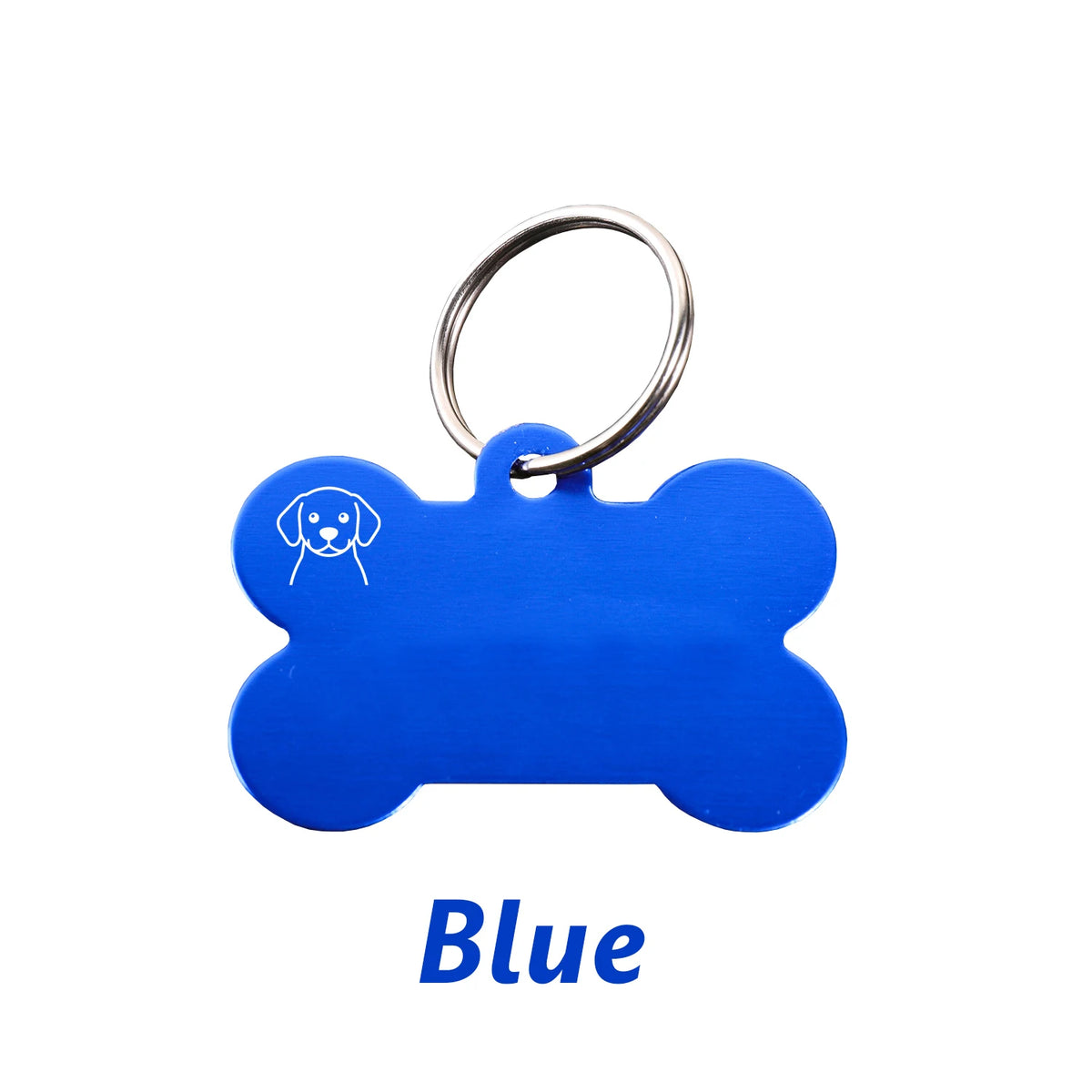 A bright blue bone-shaped dog ID tag with a silver keyring.