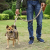 A person holds a heavy-duty tactical dog leash with dual handles and bungee attached to a small dog in a grassy outdoor setti
