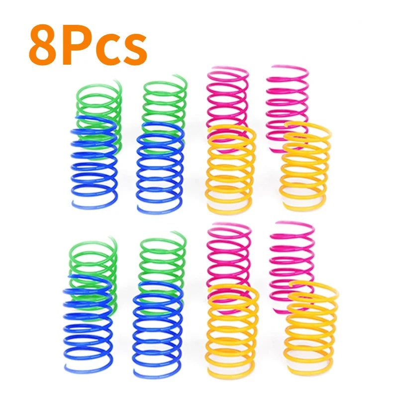 Eight colorful spiral spring cat toys for interactive play with cats and ferrets