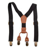 A pair of black adjustable clip-on suspenders for kids with brown leather accents.