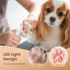 A hand is using a cordless pet grooming trimmer with an LED light design on a dog's paw for improved visibility.