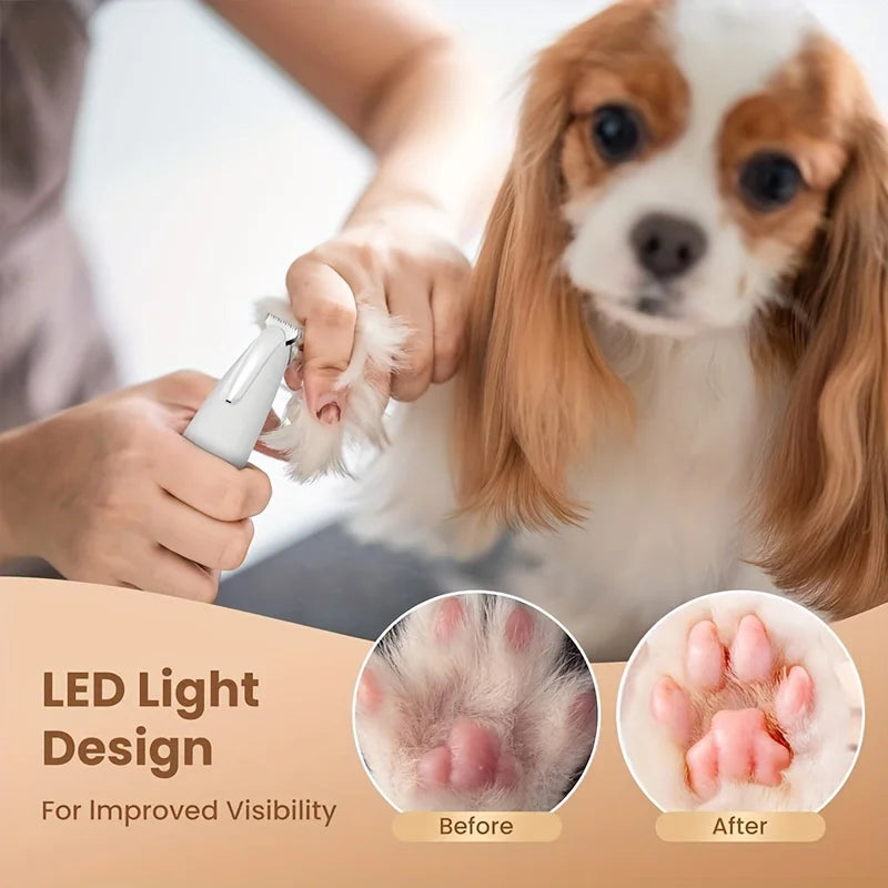 A hand is using a cordless pet grooming trimmer with an LED light design on a dog's paw for improved visibility.