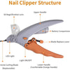 Diagram showing the structure of a nail clipper, highlighting components like the upper handle, blade, and battery compartmen