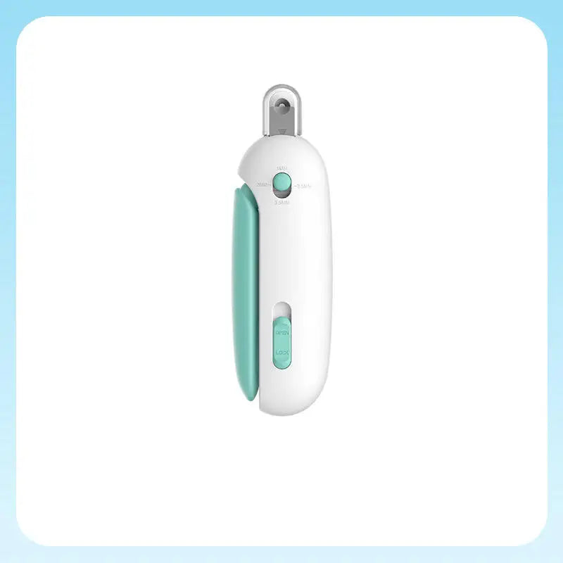 A white professional pet nail clipper trimmer with a green body and a silver cap.
