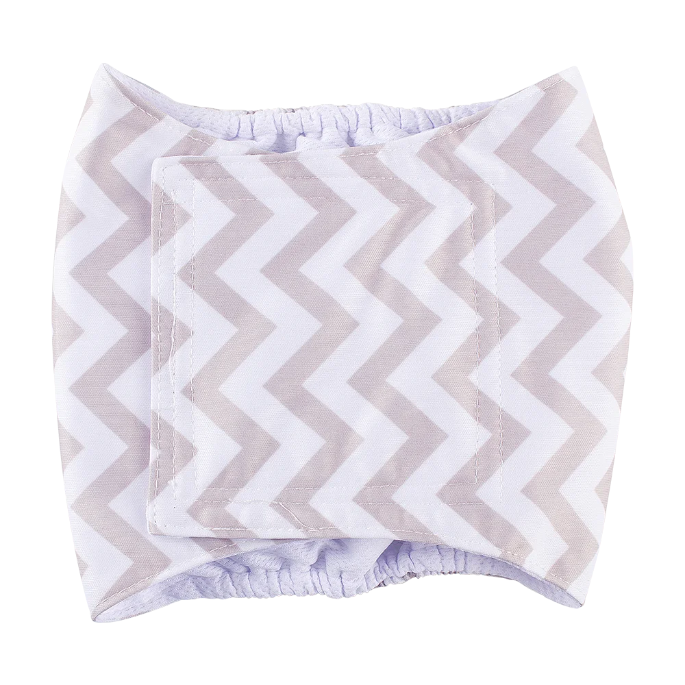 A white and gray chevron patterned washable belly band for a male dog.