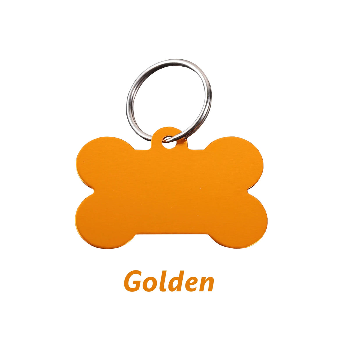 Golden bone-shaped dog ID tag with a silver keyring.
