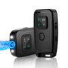 A black portable ultrasonic dog repellent training device with multiple buttons and a glowing blue effect.
