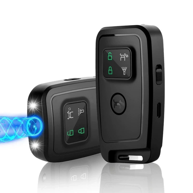 A black portable ultrasonic dog repellent training device with multiple buttons and a glowing blue effect.