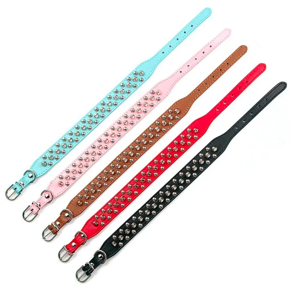 A set of five adjustable leather spiked dog collars in various pastel and bright colors.