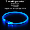 A bright blue LED necklace or collar is displayed against a dark background.